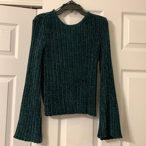 bell sleeve green sweater with knot back